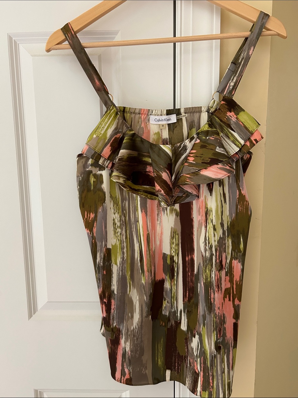 Calvin Klein Olive, Pink & Taupe Brushstroke Ruffle Tank